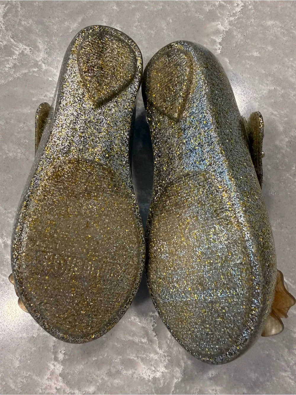 Mini Melissa Girls Gold Glitter Mary Jane Shoes with Champagne Flower Like New